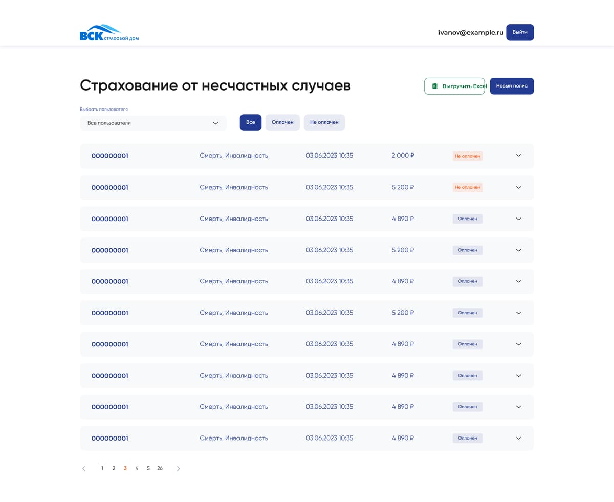 список полисов: фильтры, статусы оплаты и страницы